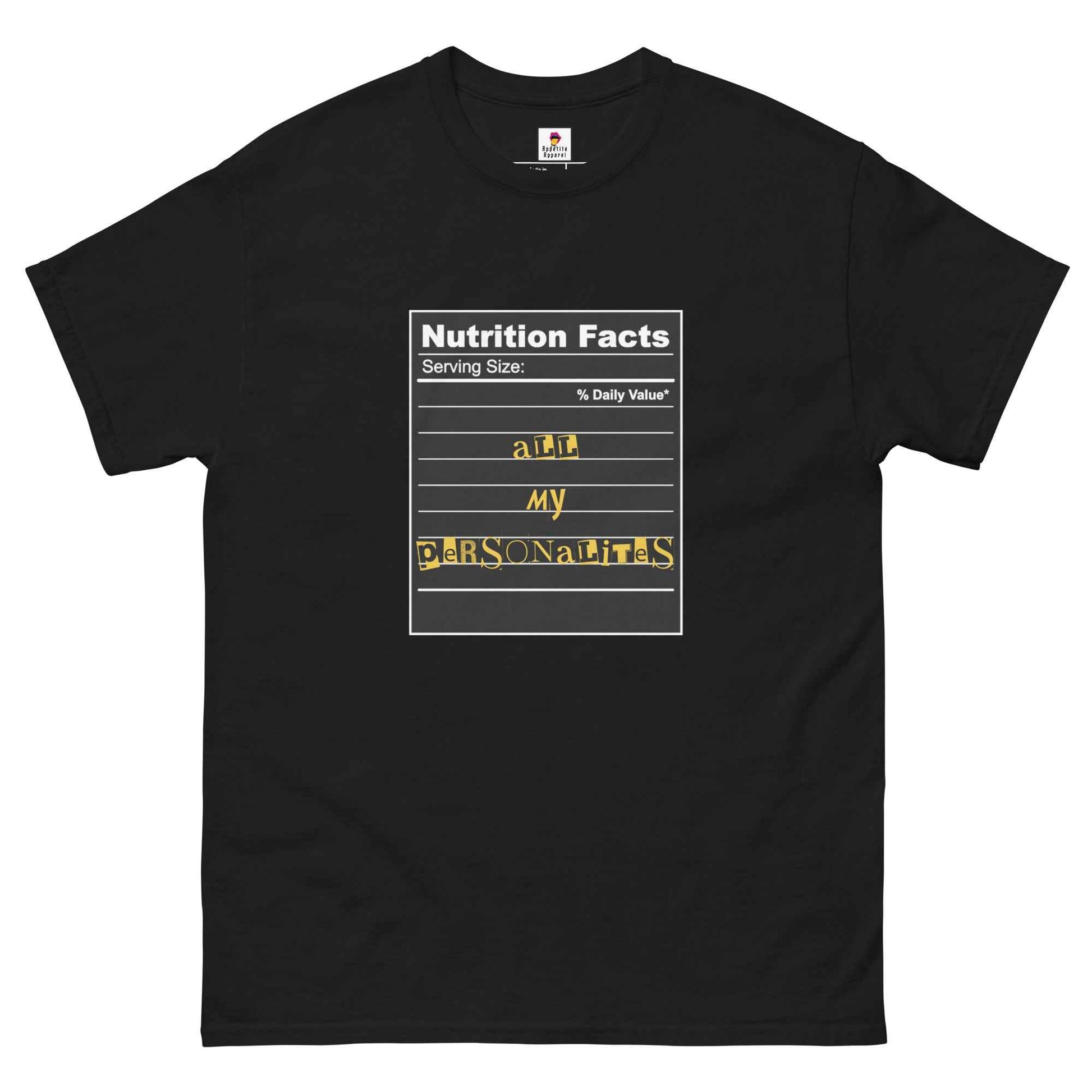 Black Appetite Apparel T-Shirt featuring a nutrition facts label with personality traits, casual fit and comfortable fabric.
