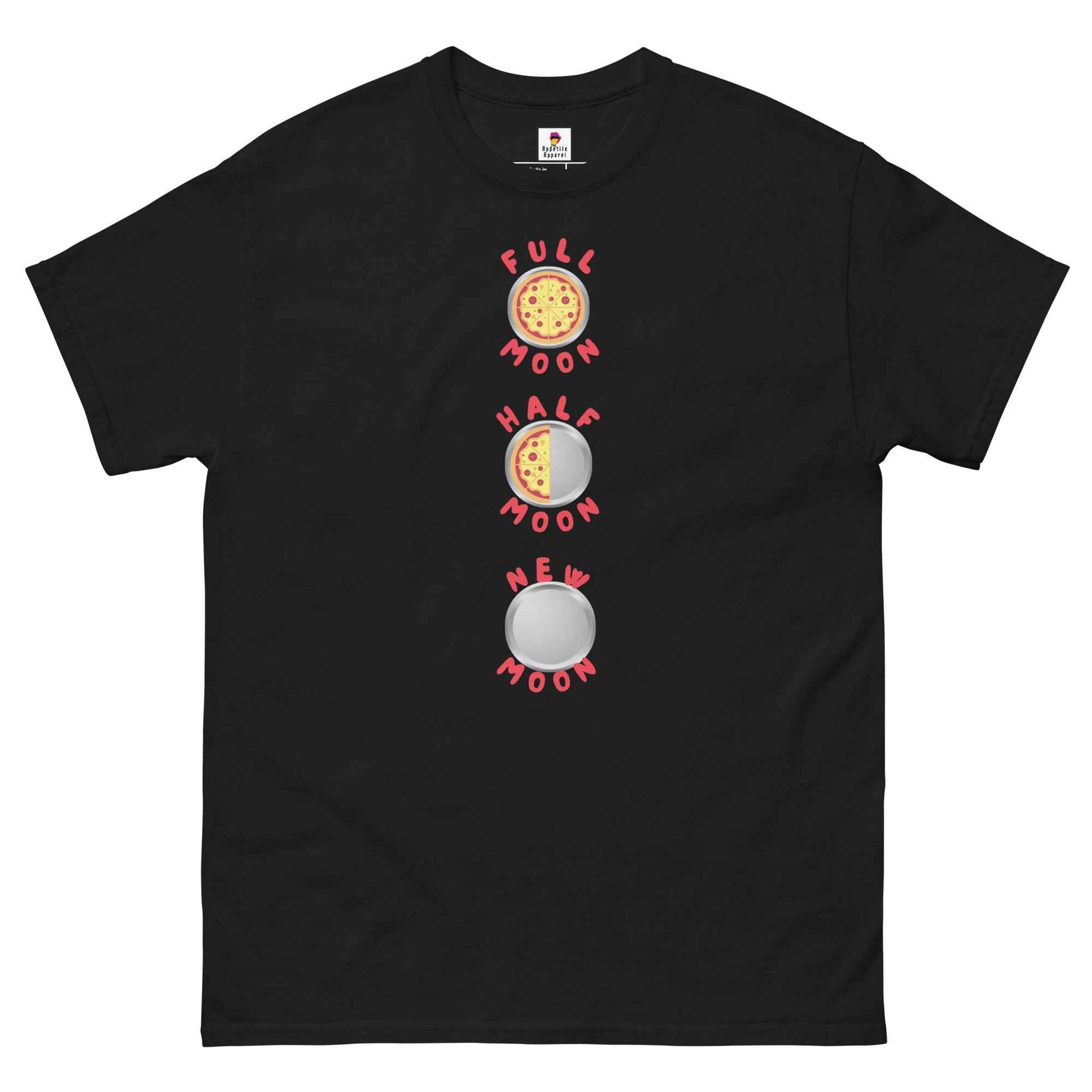 Black Pizza Pie Moon Phases T-Shirt by Appetite Apparel showing a graphic of moon phases with pizza pie design.
