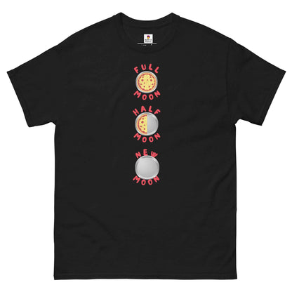Black Pizza Pie Moon Phases T-Shirt by Appetite Apparel showing a graphic of moon phases with pizza pie design.
