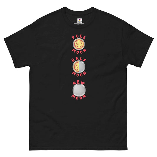 Black Pizza Pie Moon Phases T-Shirt by Appetite Apparel showing a graphic of moon phases with pizza pie design.