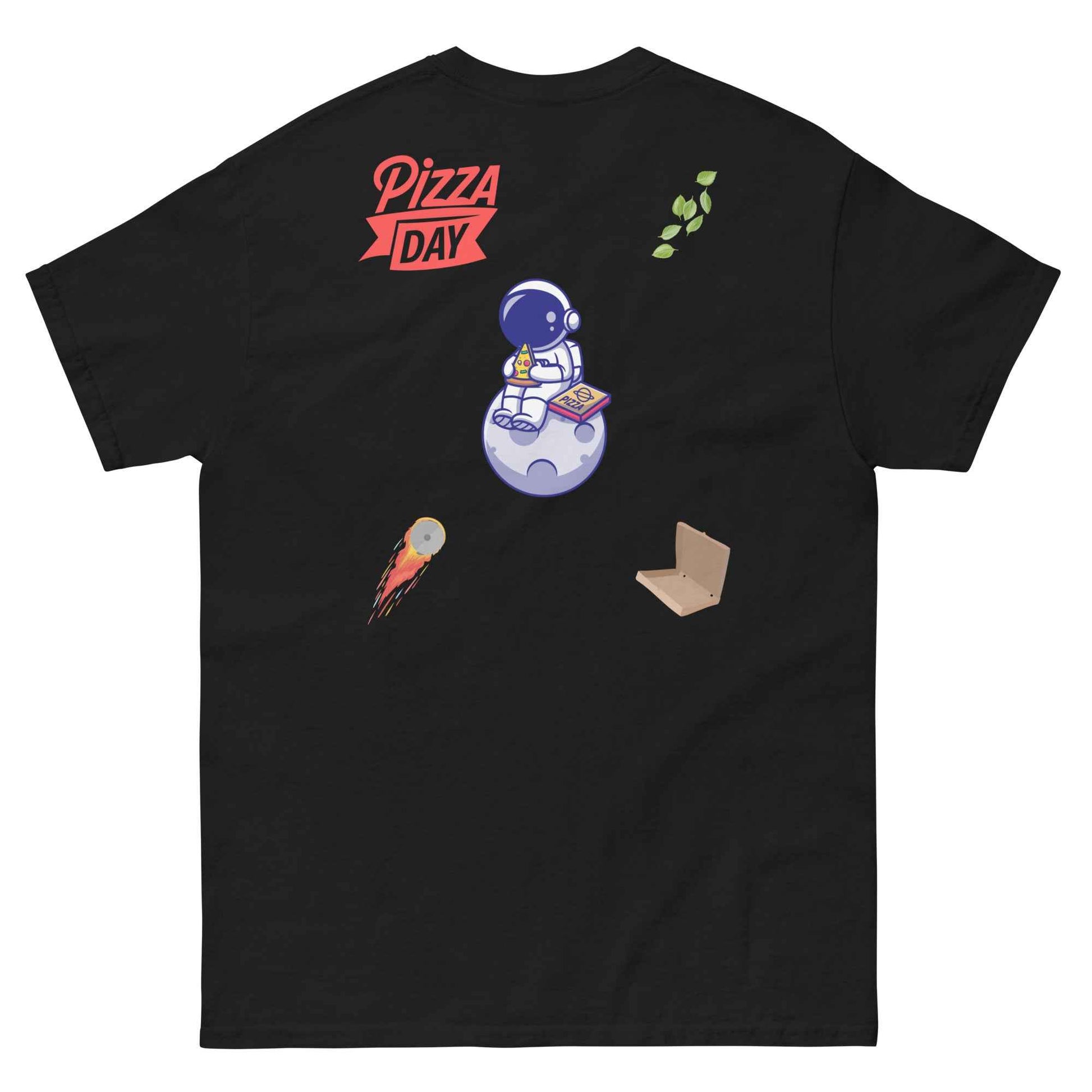 Black Appetite Apparel T-Shirt featuring a pizza pie moon phases design, casual graphic tee for pizza and space lovers.