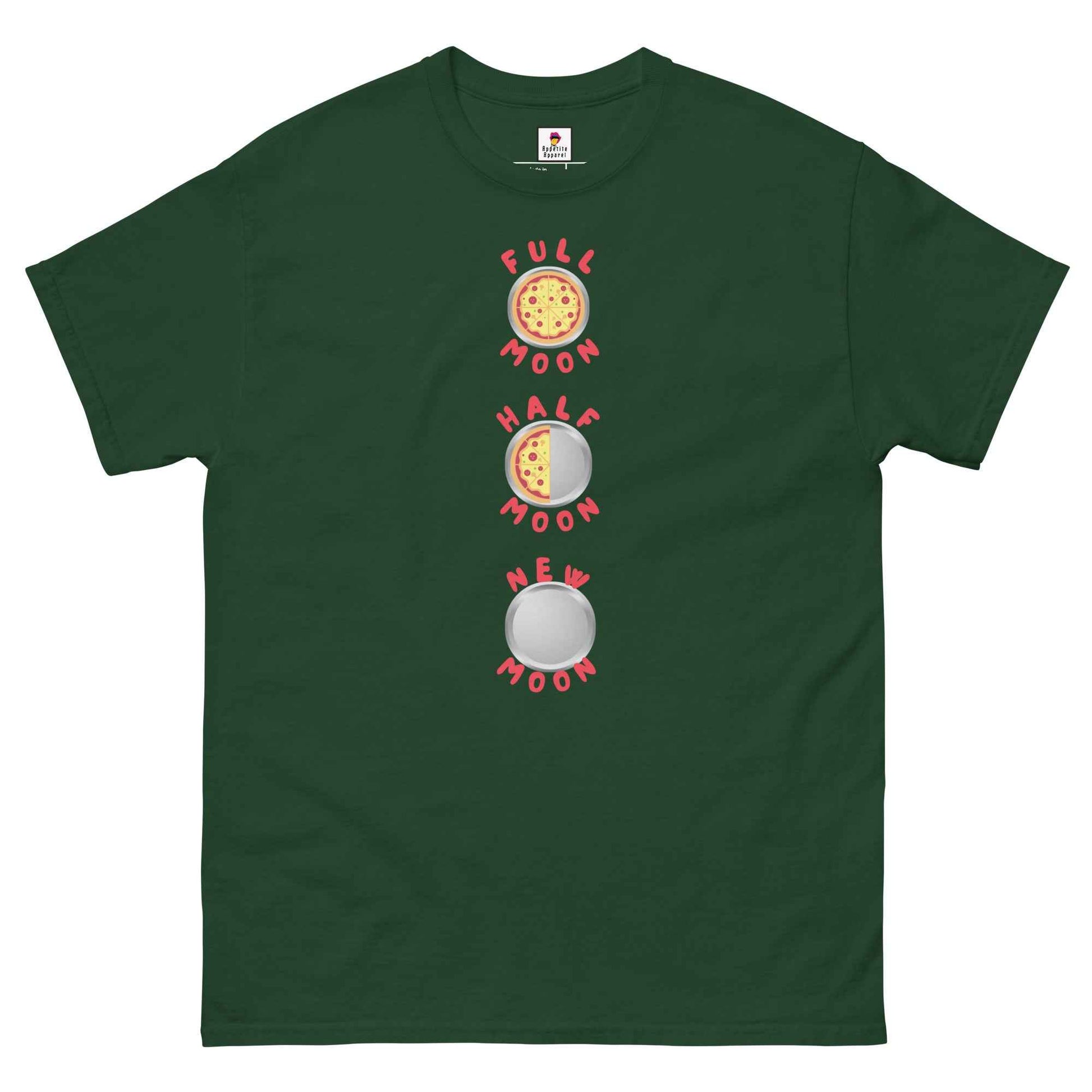 Black Pizza Pie Moon Phases T-Shirt by Appetite Apparel featuring a moon phase design on the front.
