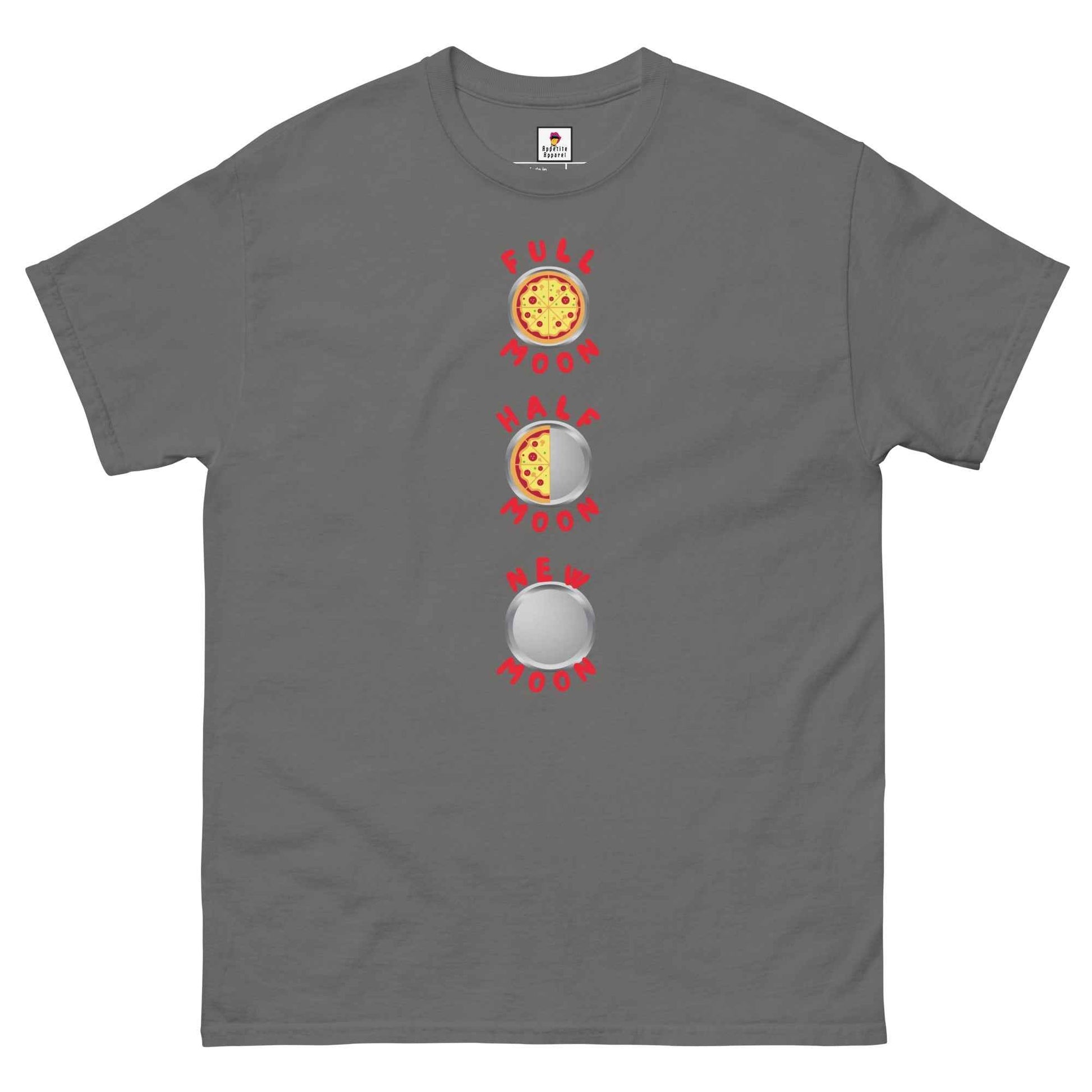 Black Pizza Pie Moon Phases T-Shirt by Appetite Apparel, featuring a graphic of moon phases and pizza slices on the front.
