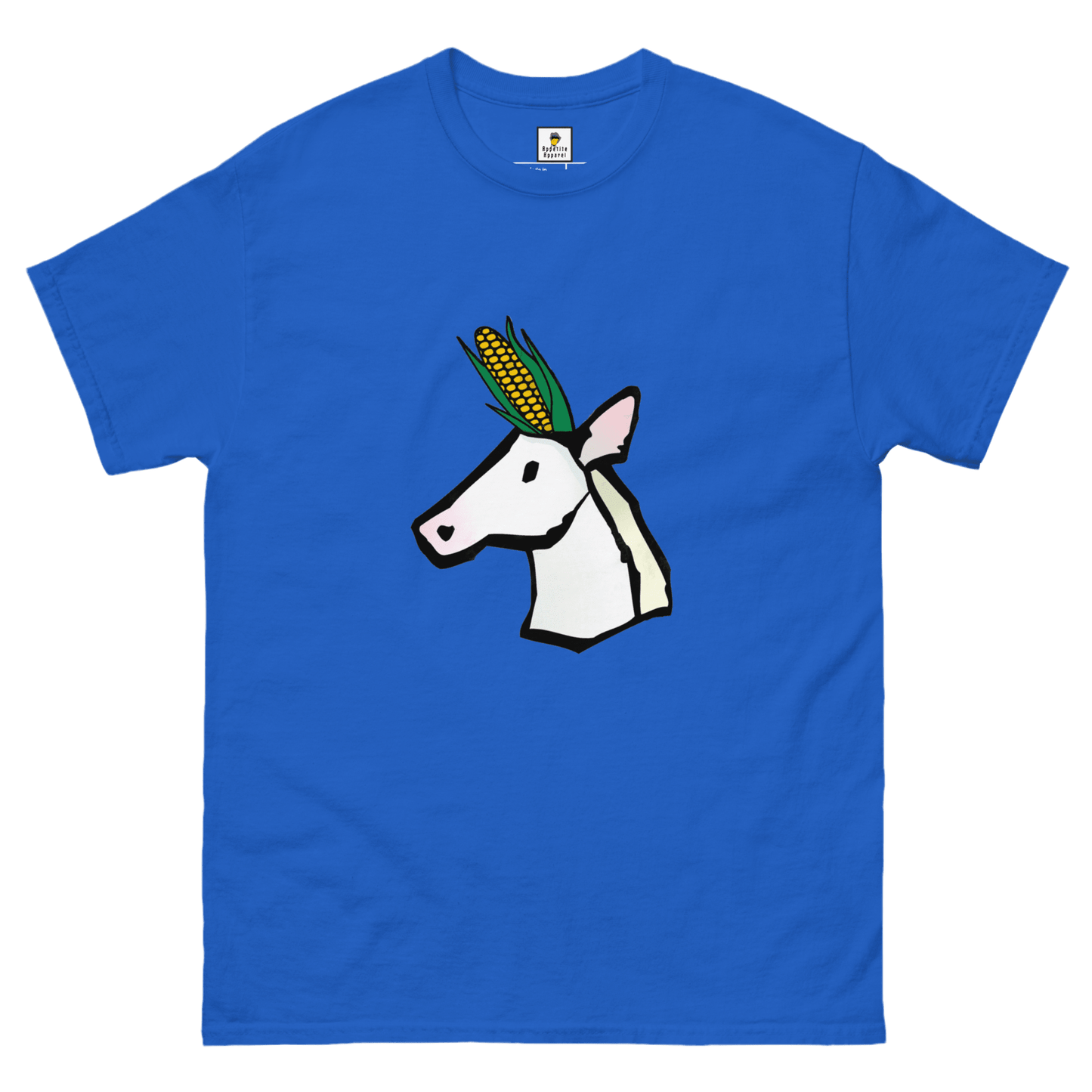 Black unicorn and corn combo T-shirt by Appetite Apparel featuring a colorful unicorn design on the front.