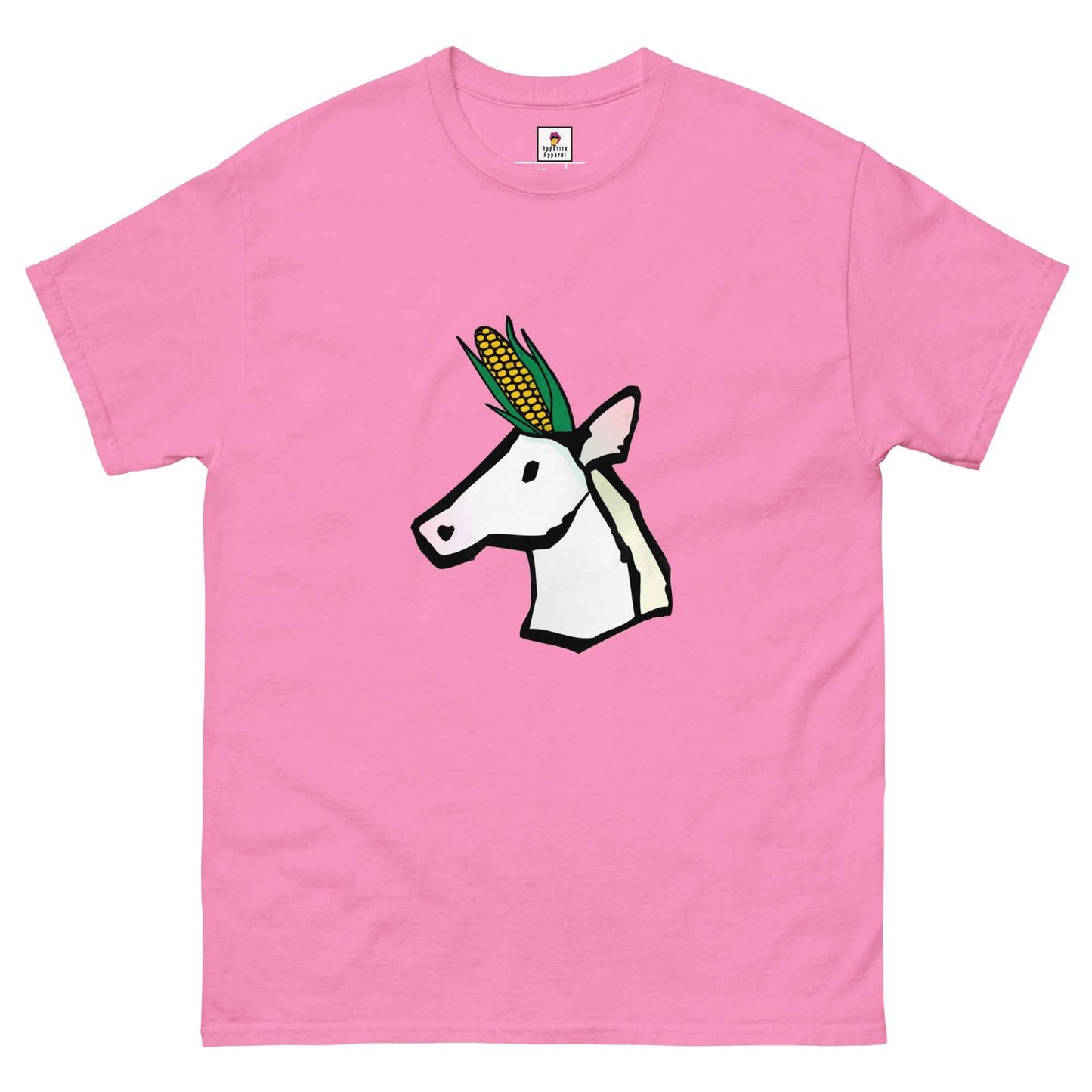 Black UniCorn T-Shirt by Appetite Apparel featuring a playful unicorn and corn graphic on the front.