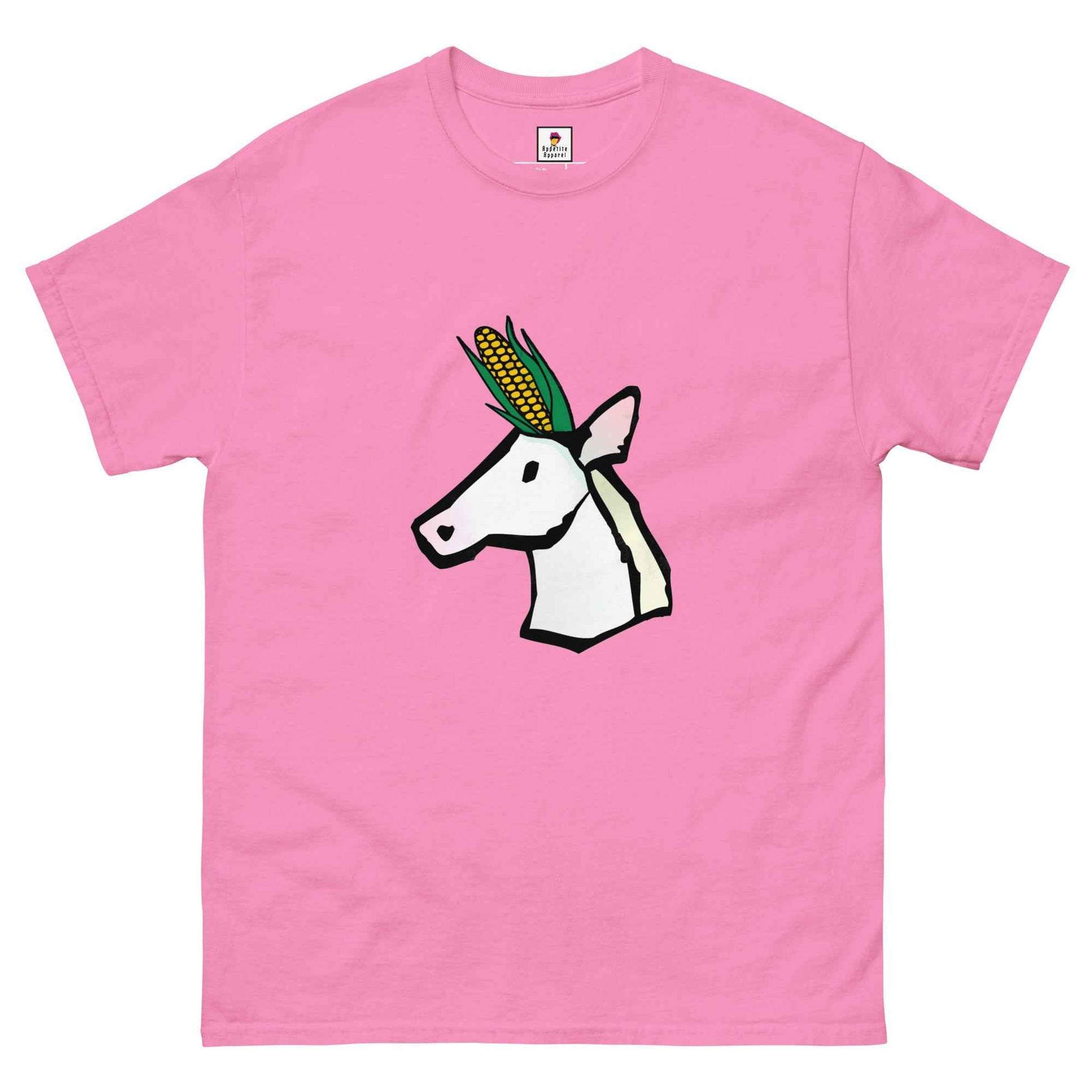 Black UniCorn T-Shirt by Appetite Apparel featuring a playful unicorn and corn graphic on the front.