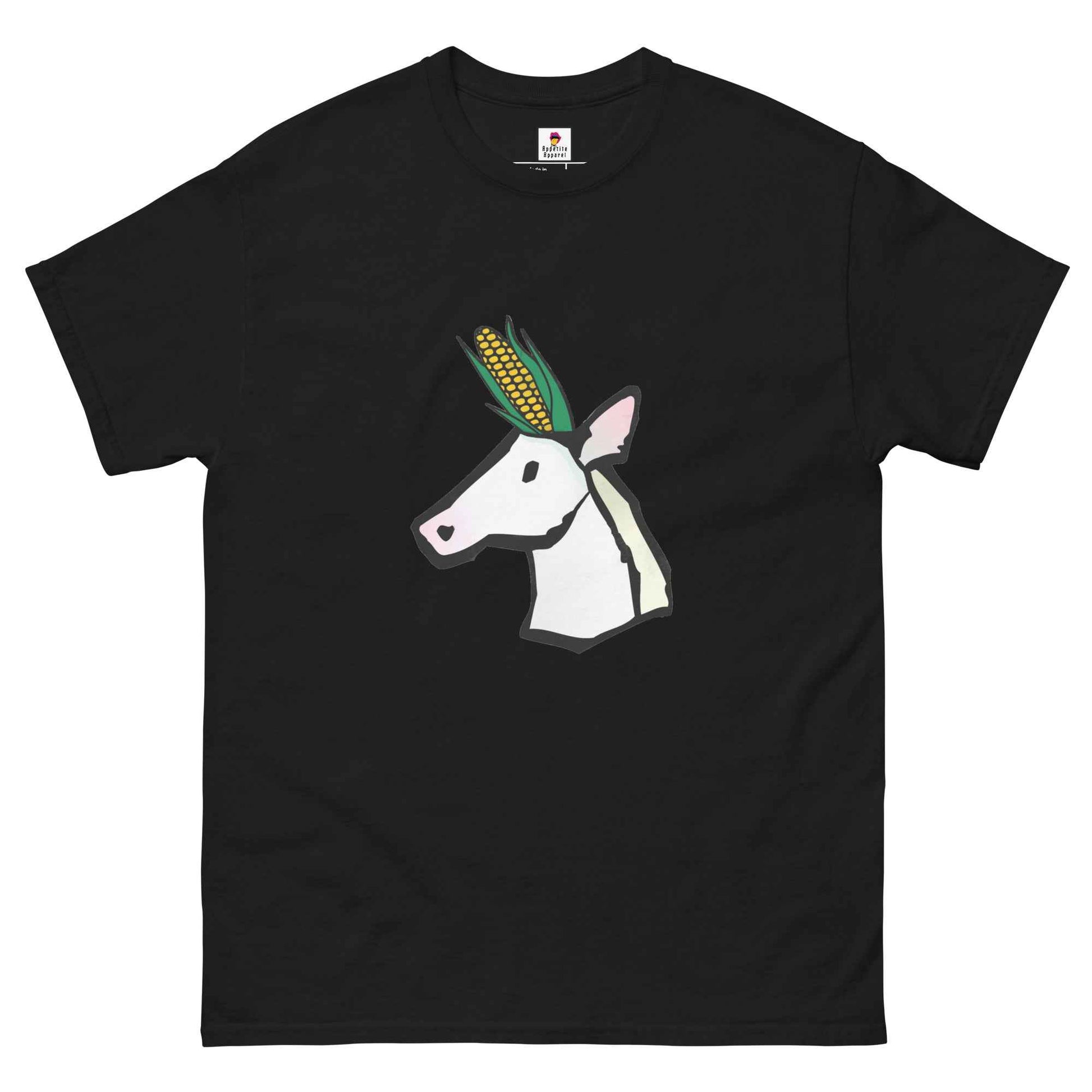 Black unicorn and corn combo T-shirt by Appetite Apparel featuring a fun unicorn and corn graphic.