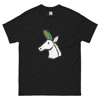 Black unicorn and corn combo T-shirt by Appetite Apparel featuring a fun unicorn and corn graphic.
