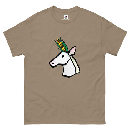 Black unicorn and corn combo T-shirt by Appetite Apparel featuring a colorful unicorn and corn graphic on the front.