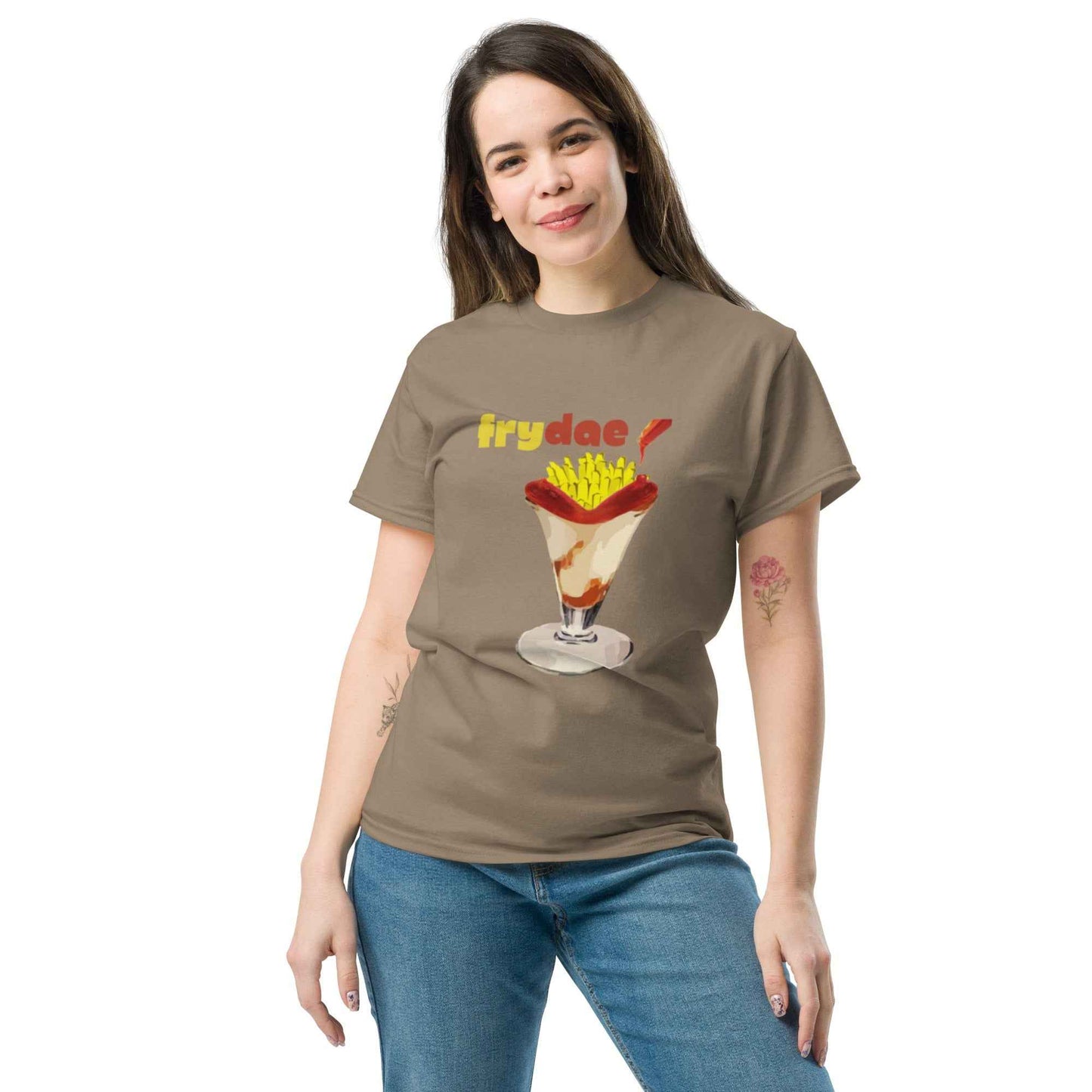 Appetite Apparel Frydae T-Shirt in brown Savana with Fryay and Sundae graphic design, casual unisex fit.