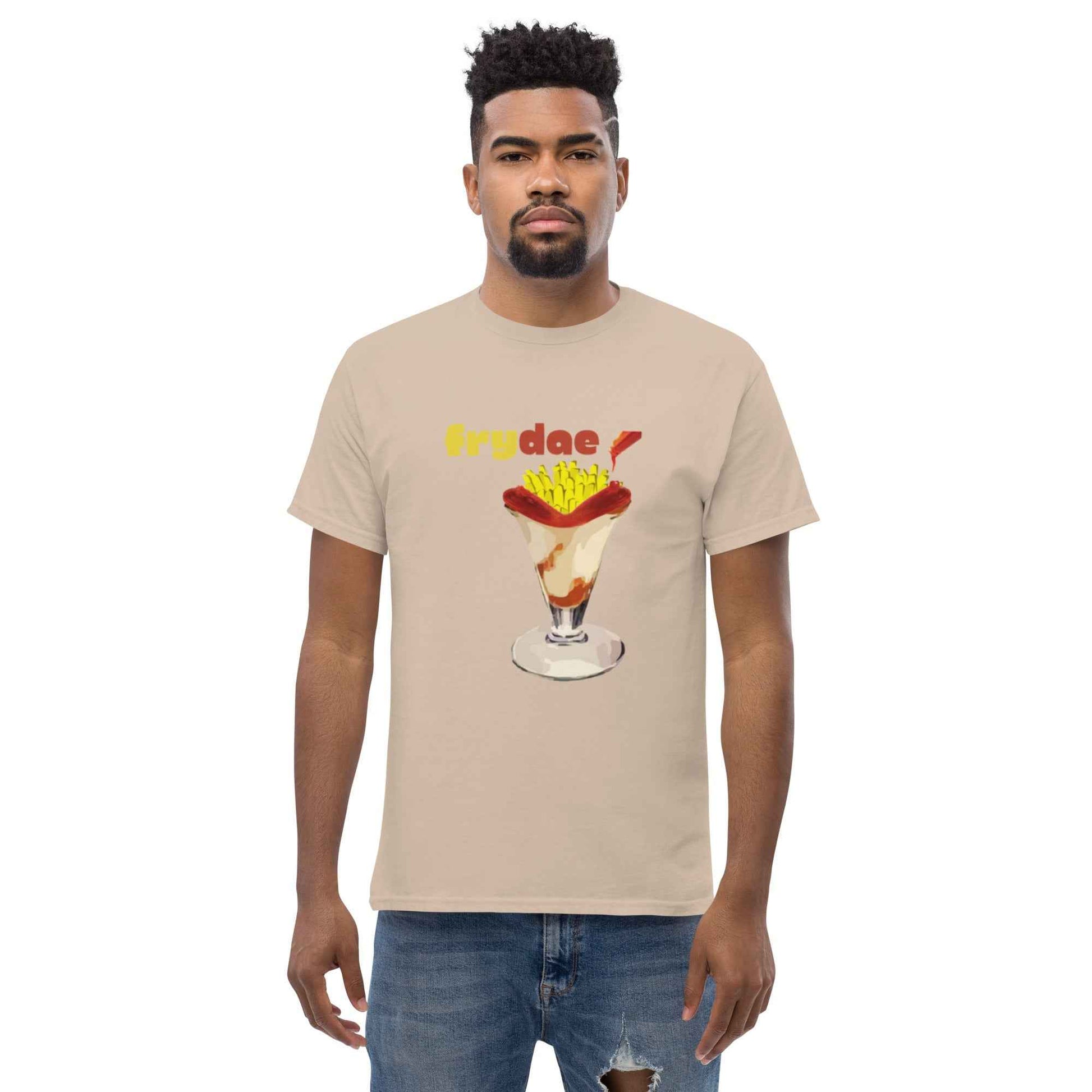 Brown Frydae T-Shirt from Appetite Apparel featuring Fryay and Sundae combo designs, casual graphic tee for everyday wear.