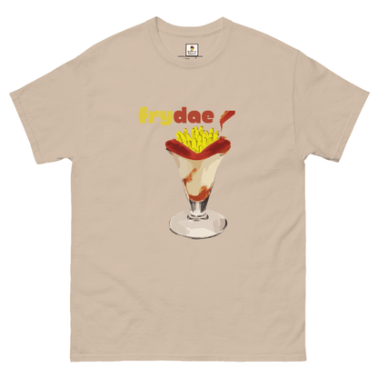 Brown Frydae T-Shirt from Appetite Apparel featuring Fryay and Sundae combo graphic on soft cotton fabric.