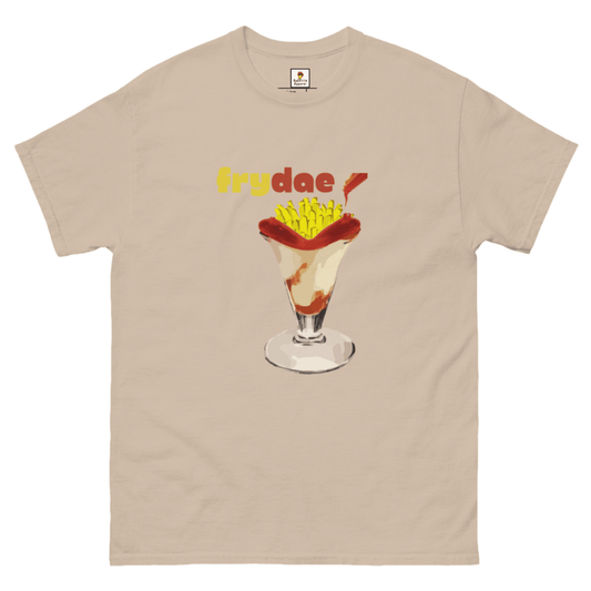 Brown Frydae T-Shirt from Appetite Apparel featuring Fryay and Sundae combo graphic on soft cotton fabric.