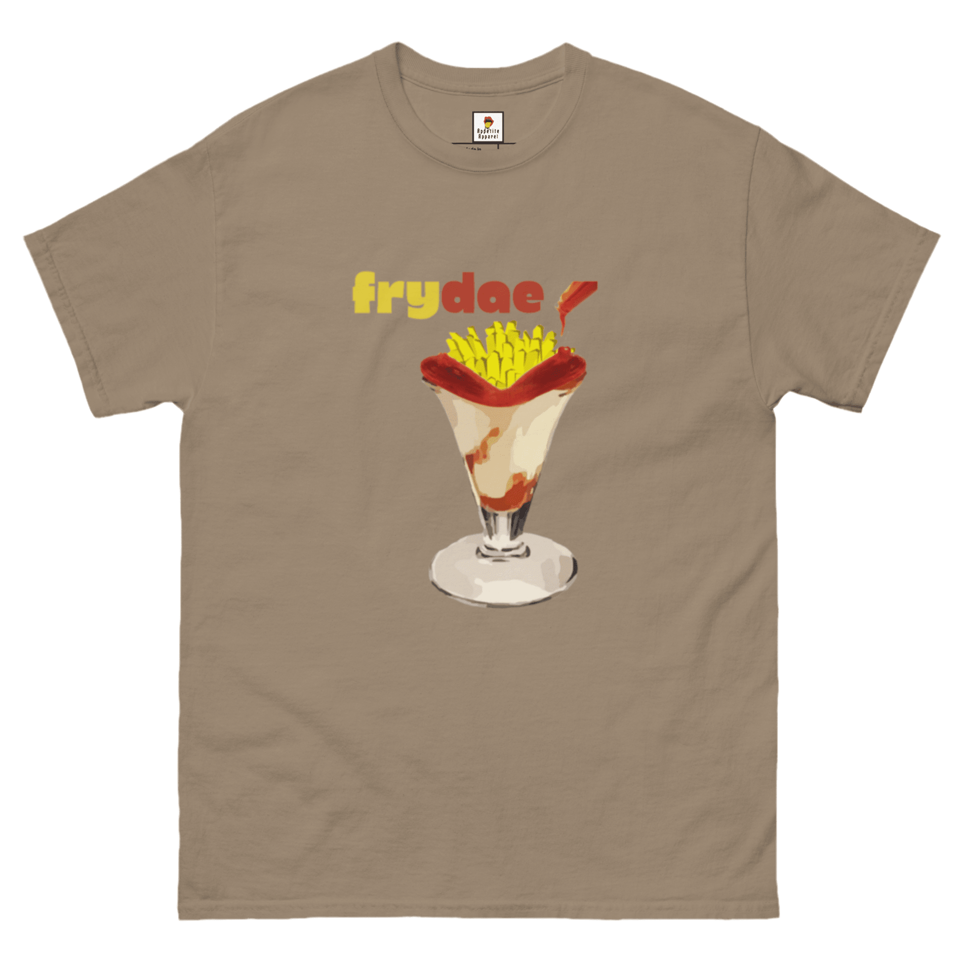 Brown Frydae T-Shirt by Appetite Apparel featuring Fryay and Sundae combo design on soft cotton fabric.