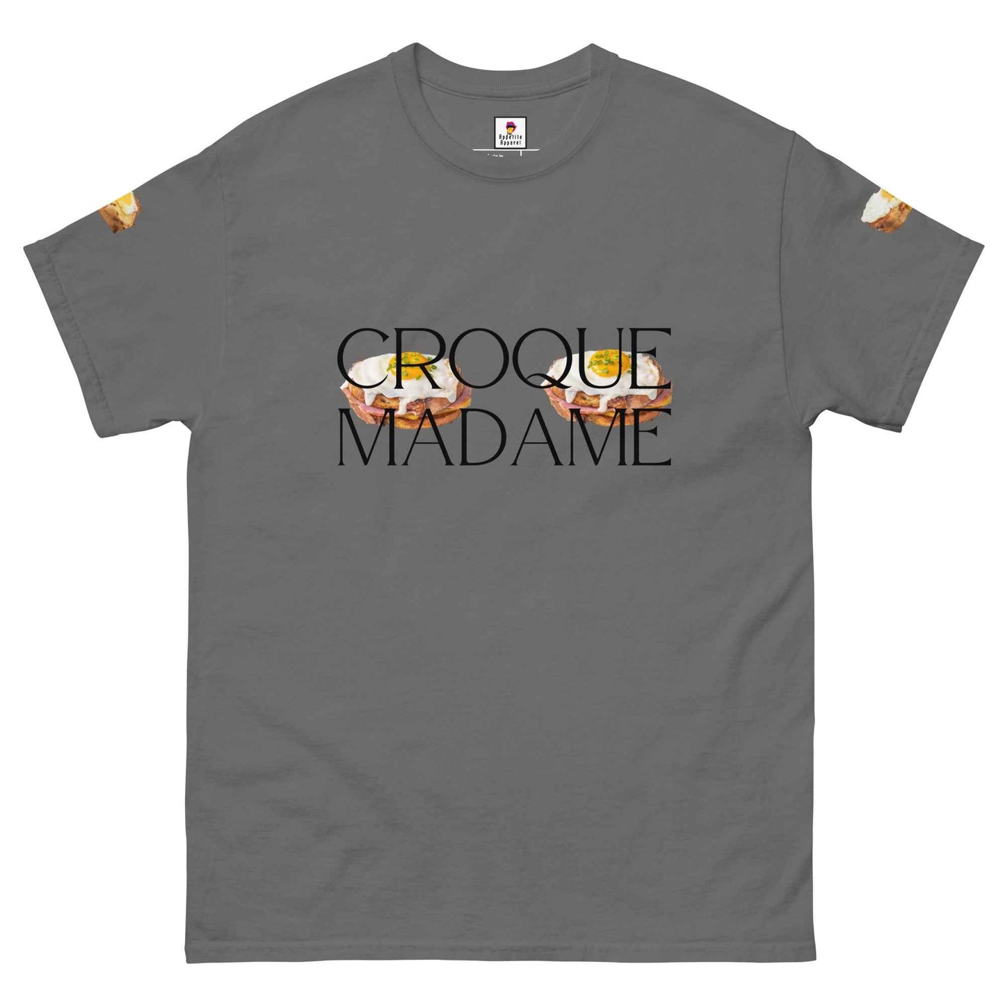 Charcoal T-shirt from Appetite Apparel featuring a playful French Brunch Croque Madame breasts design.