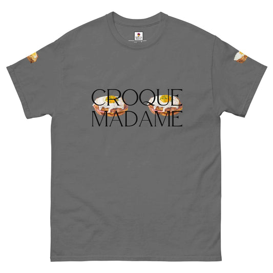 Charcoal T-shirt from Appetite Apparel featuring a playful French Brunch Croque Madame breasts design.