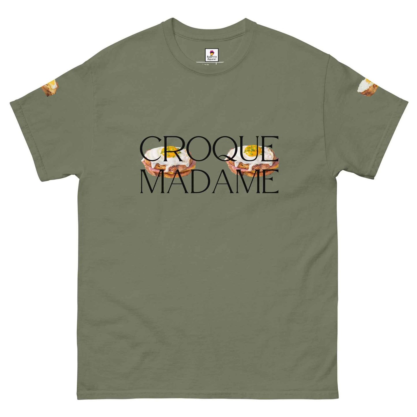 Charcoal Appetite Apparel T-Shirt featuring a French Brunch Croque Madame breasts graphic, casual and stylish for everyday wear.