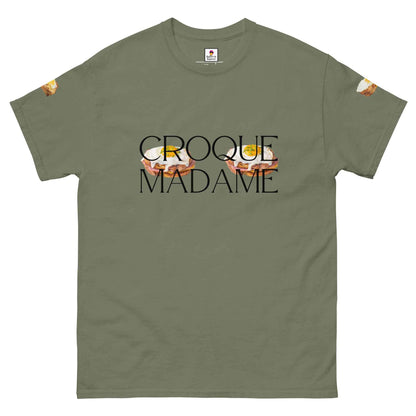 Charcoal Appetite Apparel T-Shirt featuring a French Brunch Croque Madame breasts graphic, casual and stylish for everyday wear.