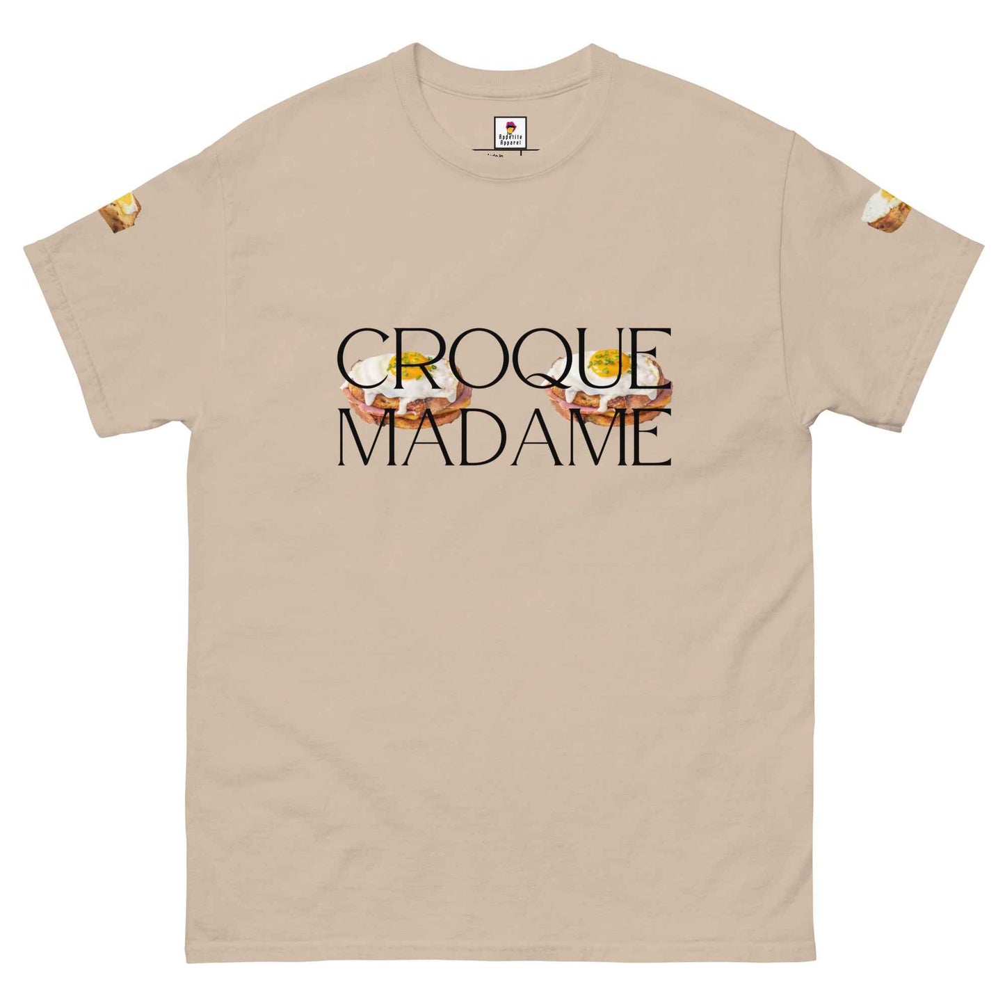 Charcoal T-Shirt by Appetite Apparel featuring a playful French Brunch Croque Madame breasts graphic design.