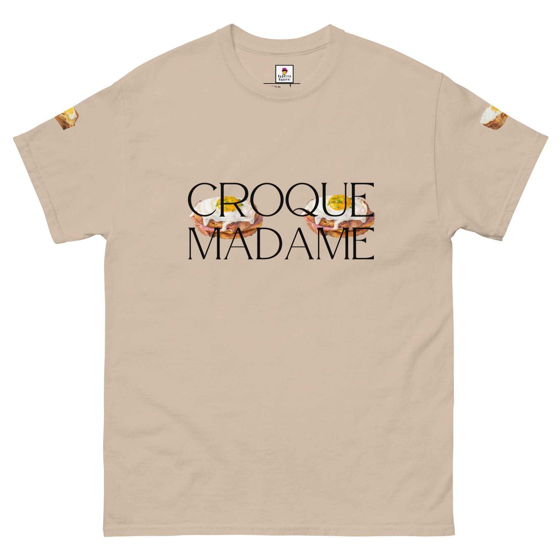 Charcoal T-Shirt by Appetite Apparel featuring a playful French Brunch Croque Madame breasts graphic design.