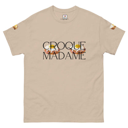 Charcoal T-Shirt by Appetite Apparel featuring a playful French Brunch Croque Madame breasts graphic design.