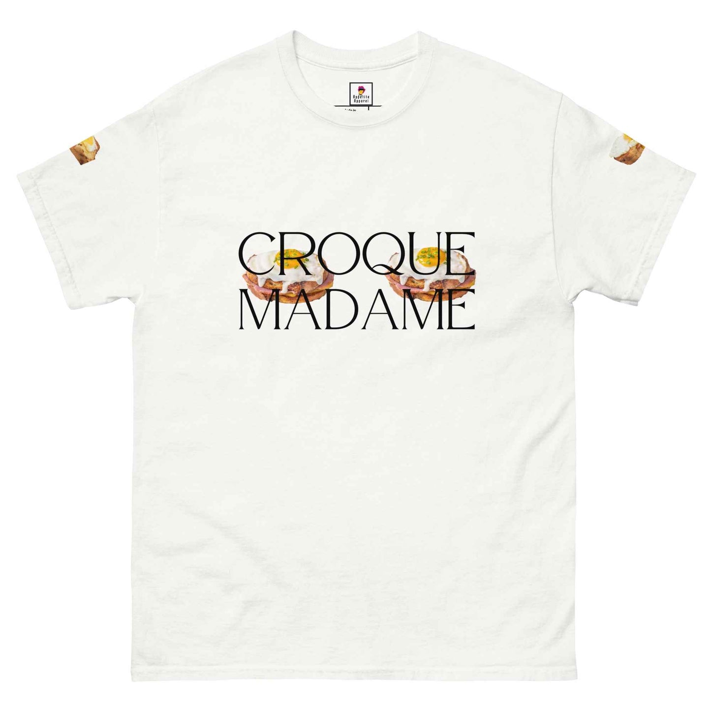 Charcoal T-Shirt from Appetite Apparel featuring a playful French Brunch Croque Madame breast design.