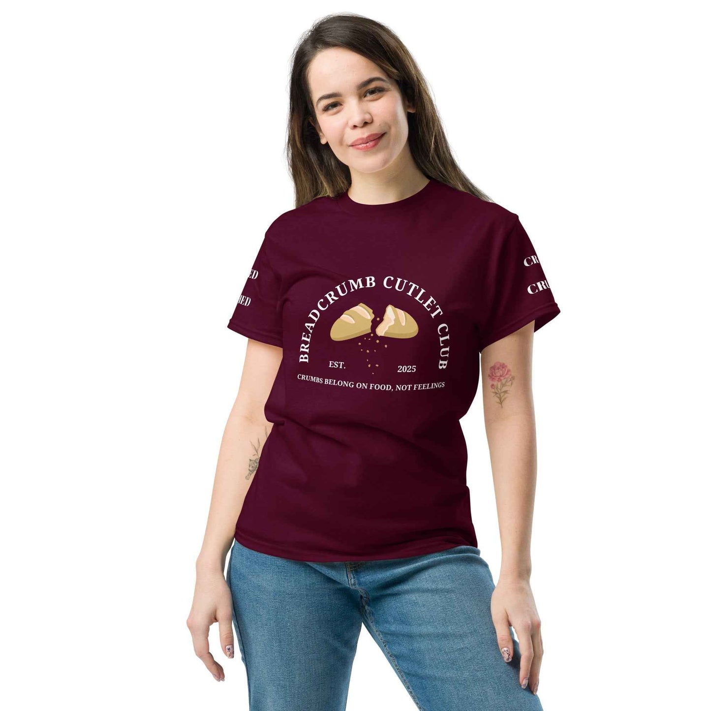 Maroon Breadcrumb Cutlet Club T-Shirt by Appetite Apparel, showing the front design and fit of the casual graphic tee.