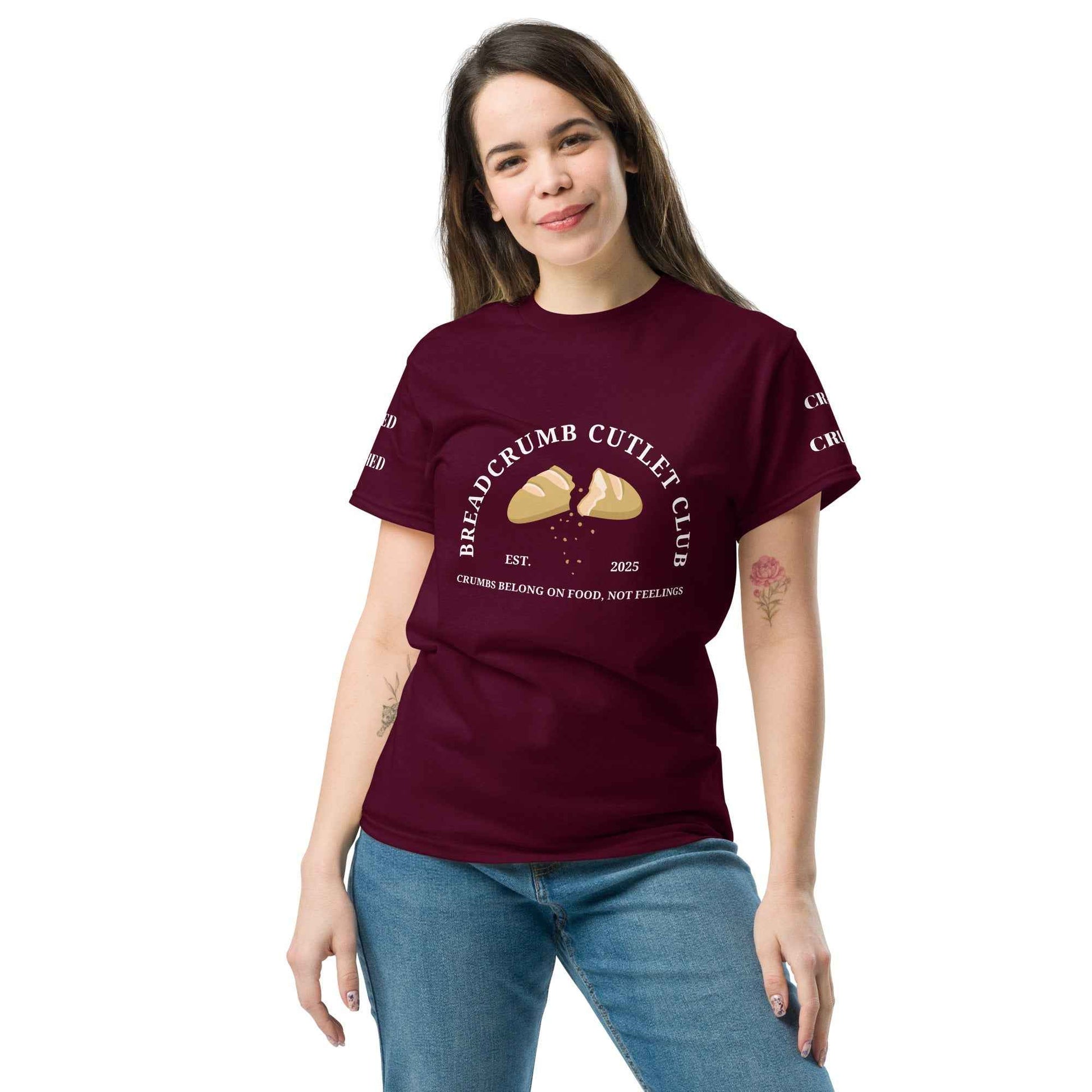 Maroon Breadcrumb Cutlet Club T-Shirt by Appetite Apparel, showing the front design and fit of the casual graphic tee.