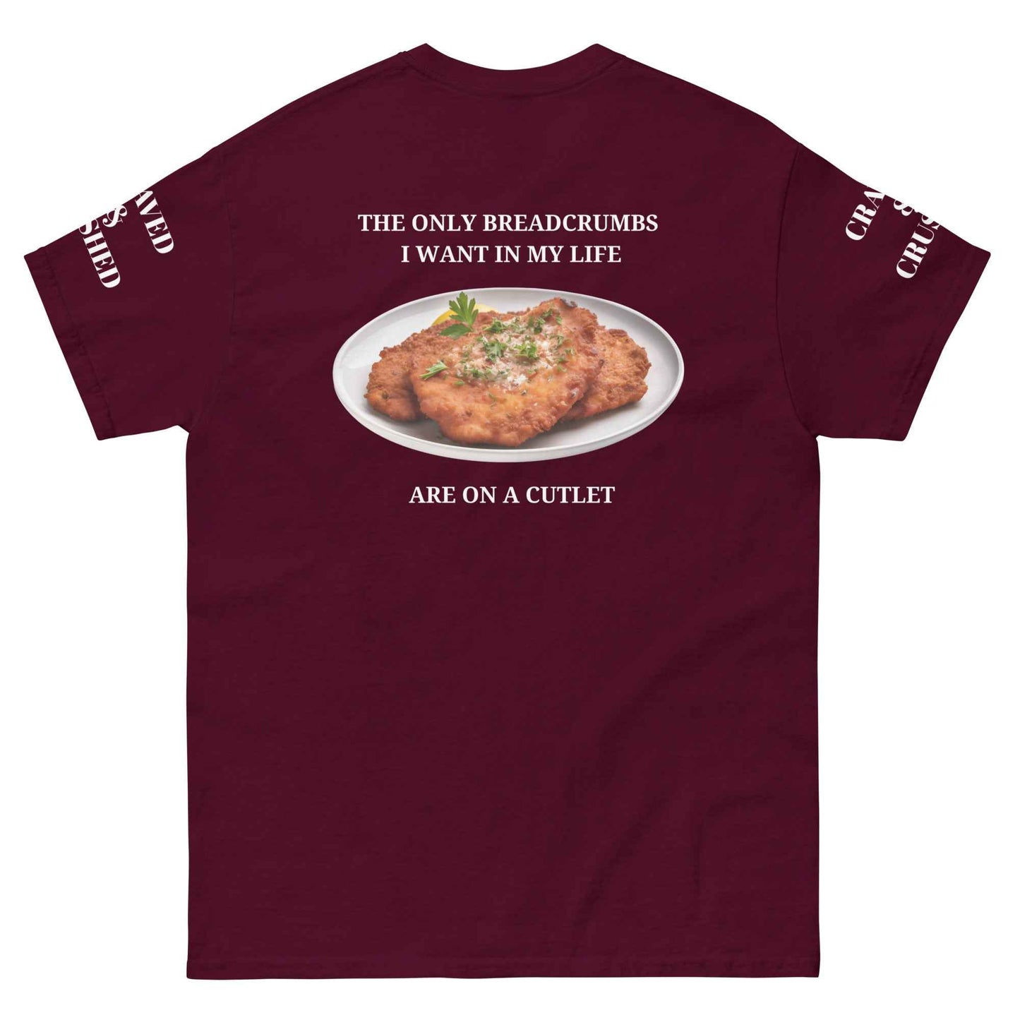 Maroon Breadcrumb Cutlet Club T-Shirt by Appetite Apparel, casual fit with printed design, front view showing the graphic on the shirt.