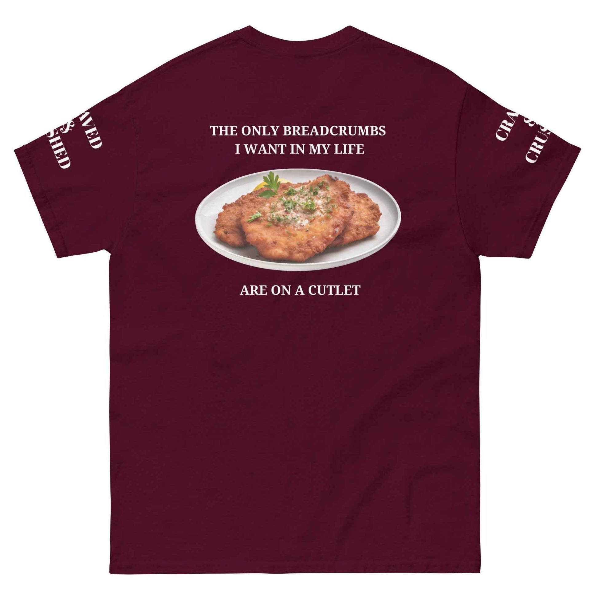 Maroon Breadcrumb Cutlet Club T-Shirt by Appetite Apparel, casual fit with printed design, front view showing the graphic on the shirt.