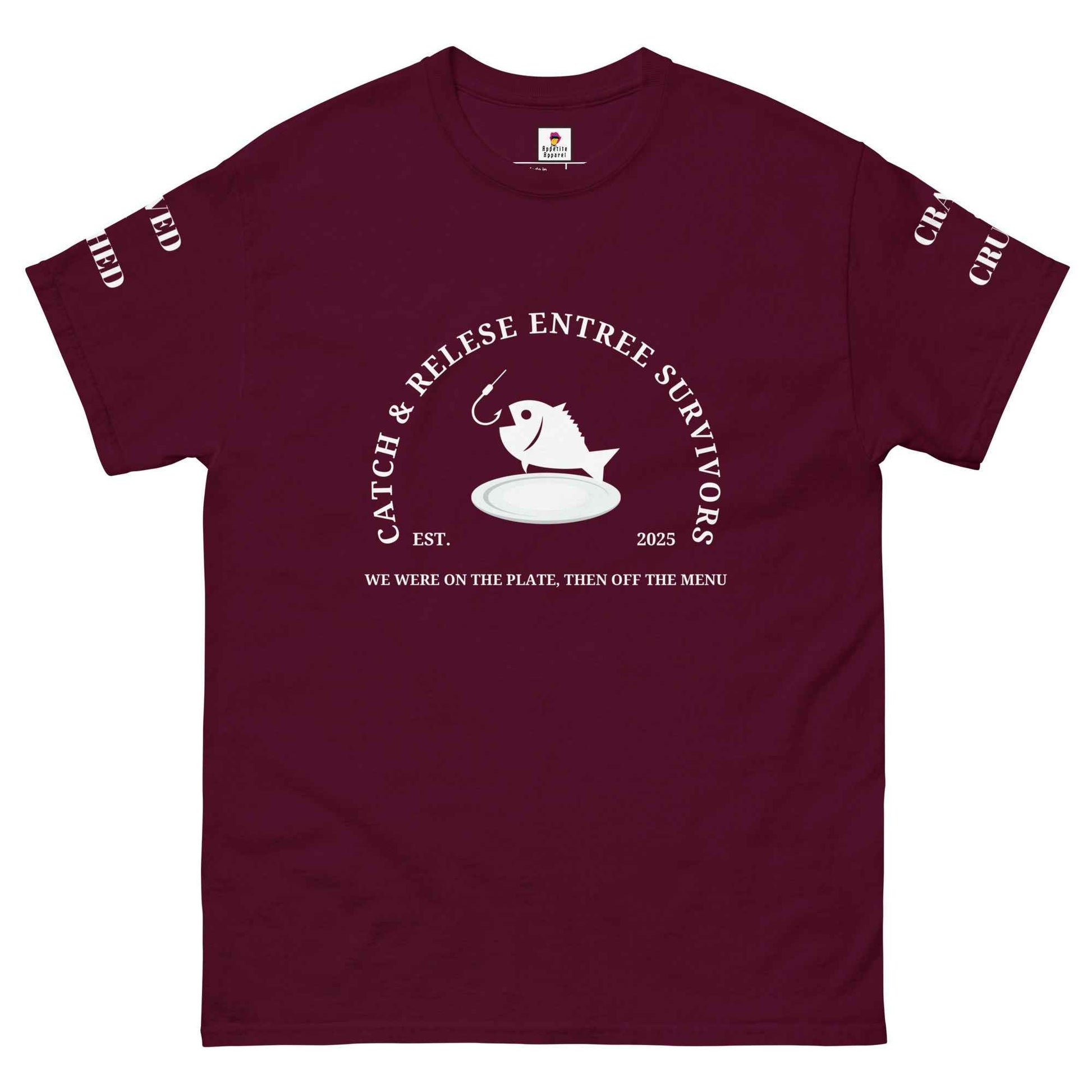 Maroon Appetite Apparel Catch and Release Entree Survivors T-Shirt showing front design with bold text and graphic print.