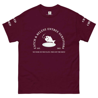 Maroon Appetite Apparel Catch and Release Entree Survivors T-Shirt showing front design with bold text and graphic print.