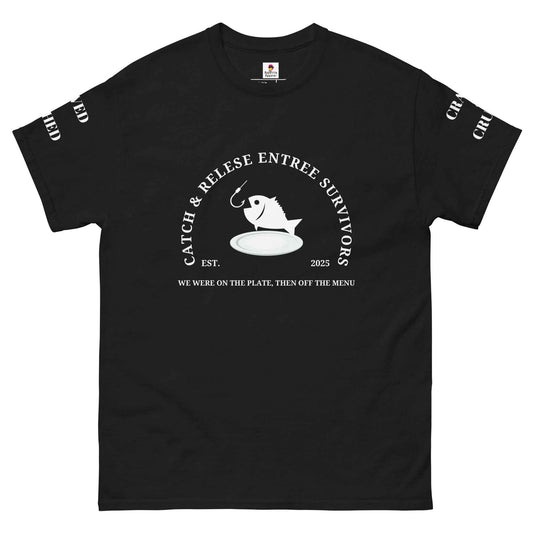 Maroon Appetite Apparel Catch and Release Entree Survivors T-Shirt with graphic print on front, casual fit, unisex design.