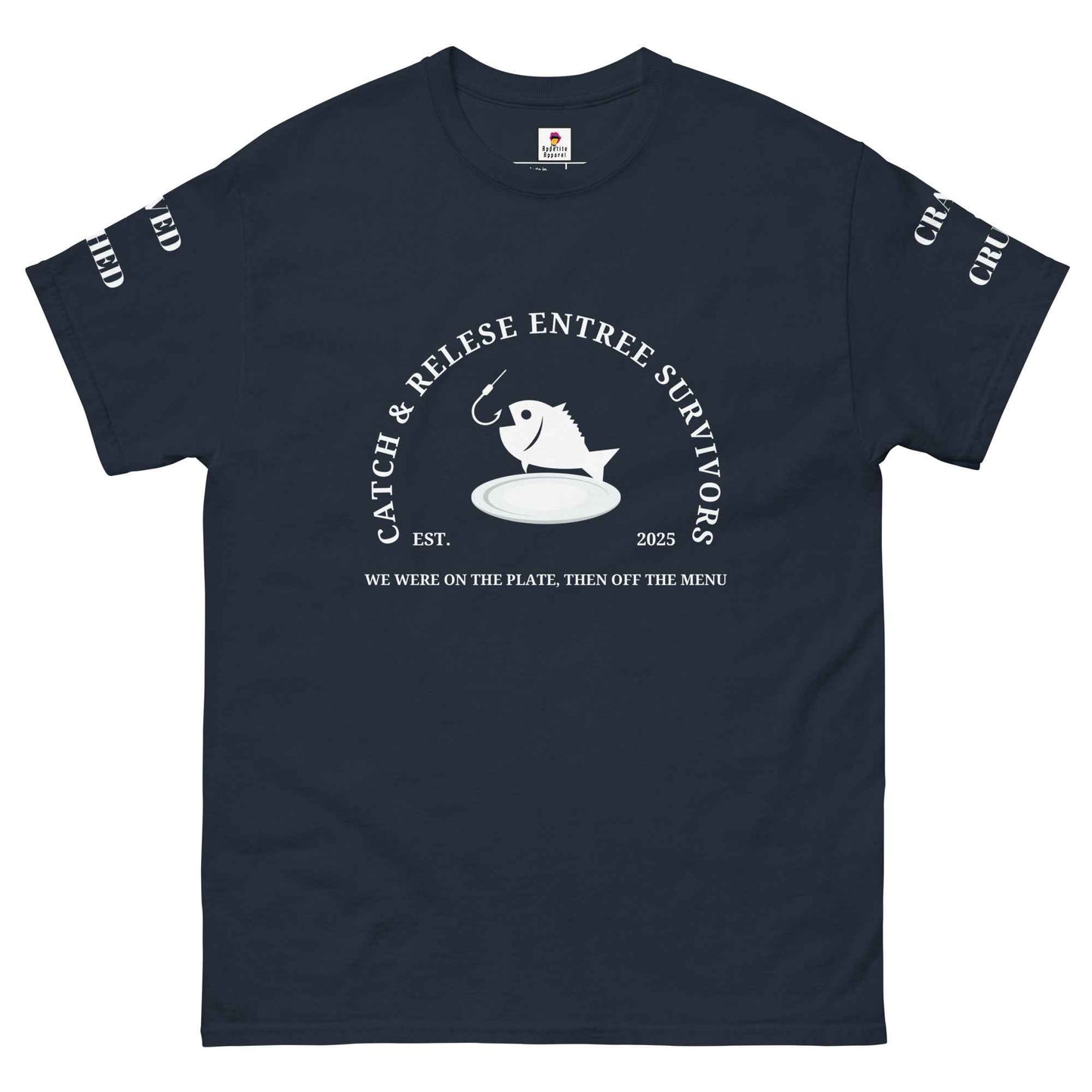 Maroon Appetite Apparel Catch and Release Entree Survivors T-Shirt with graphic design on front, casual fit for outdoor enthusiasts.