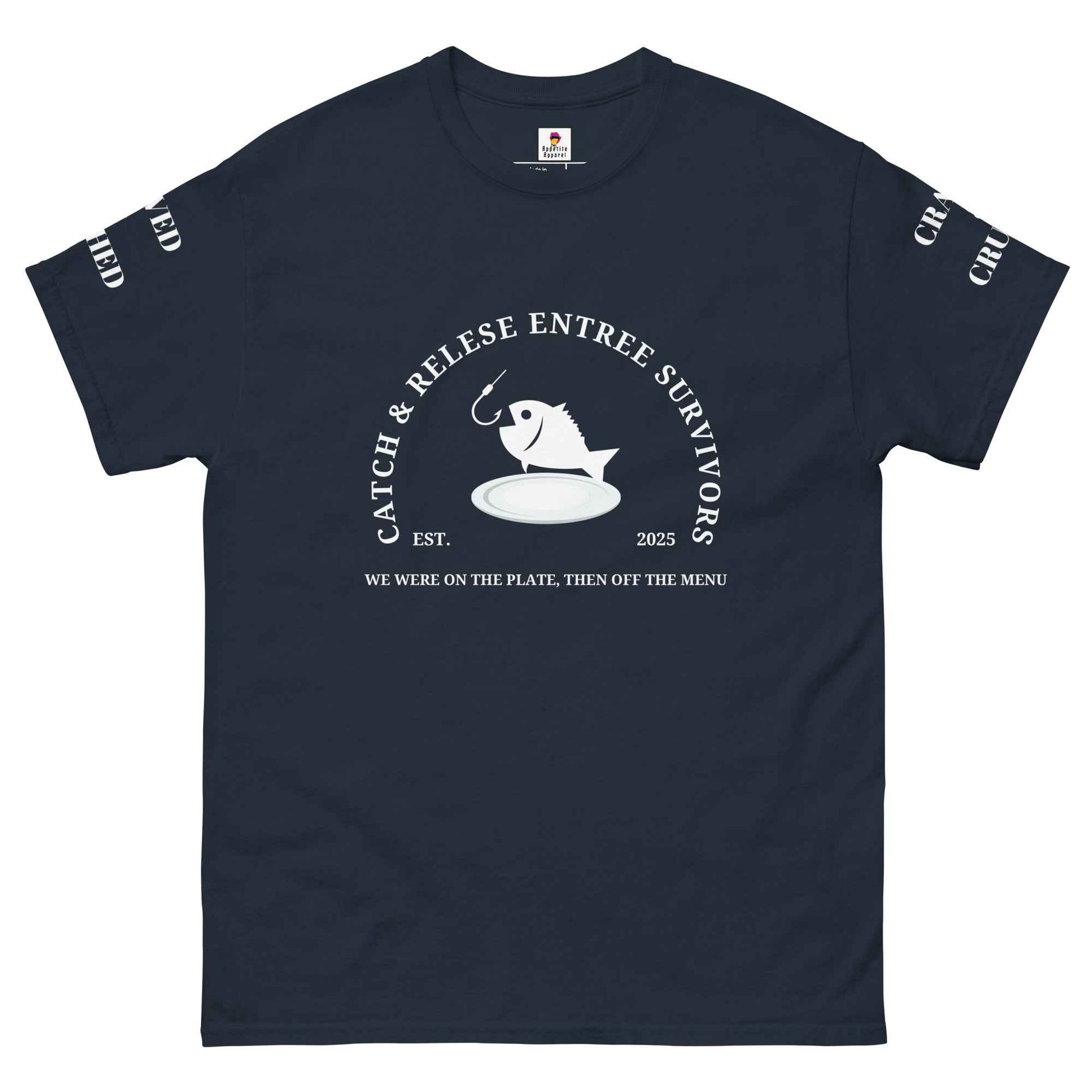Maroon Appetite Apparel Catch and Release Entree Survivors T-Shirt with graphic design on front, casual fit for outdoor enthusiasts.