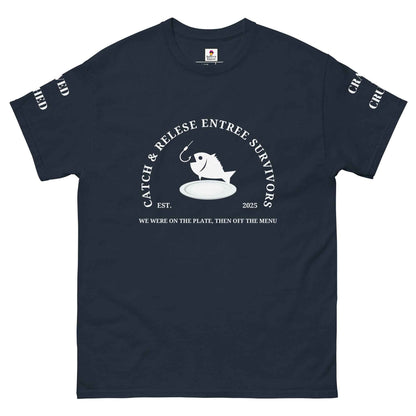 Maroon Appetite Apparel Catch and Release Entree Survivors T-Shirt with graphic design on front, casual fit for outdoor enthusiasts.