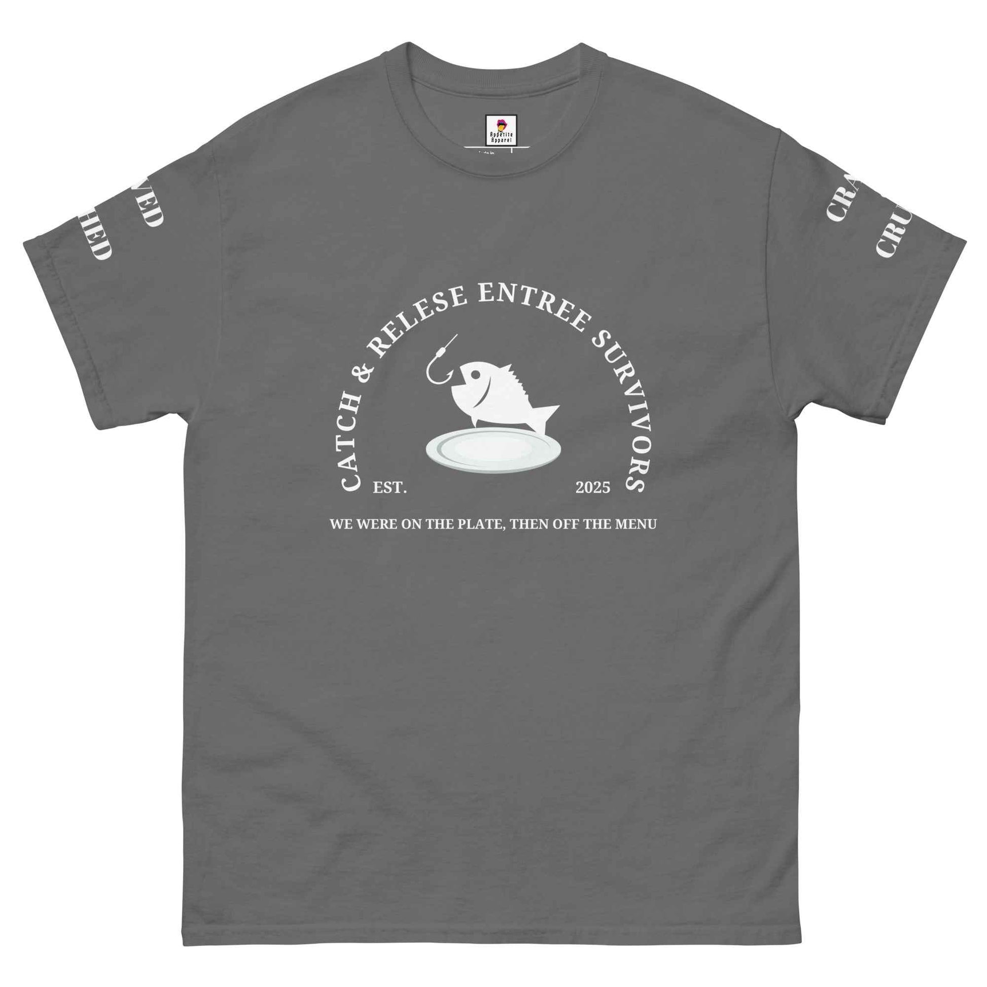 Maroon Appetite Apparel Catch and Release Entree Survivors T-Shirt with printed design on front, casual fit for men and women