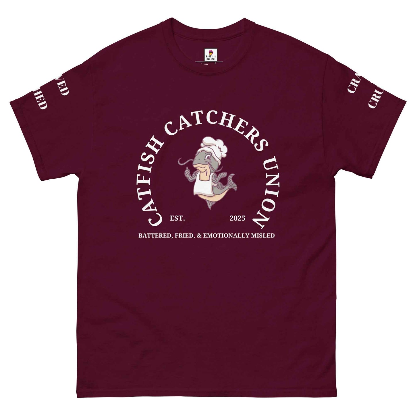 Maroon Appetite Apparel Catfish Catchers Union T-Shirt featuring a graphic design of catfish and fishing elements.