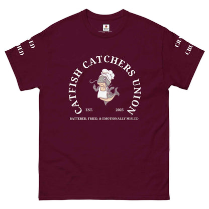 Maroon Appetite Apparel Catfish Catchers Union T-Shirt featuring a graphic design of catfish and fishing elements.
