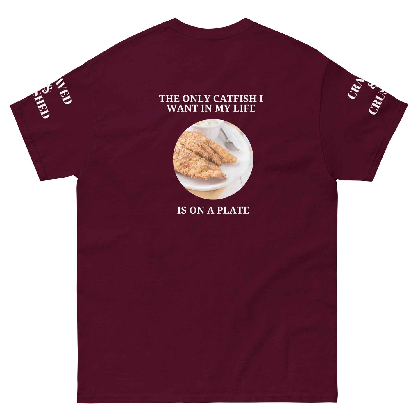 Maroon Catfish Catchers Union T-Shirt by Appetite Apparel featuring a fishing-themed design on the front.