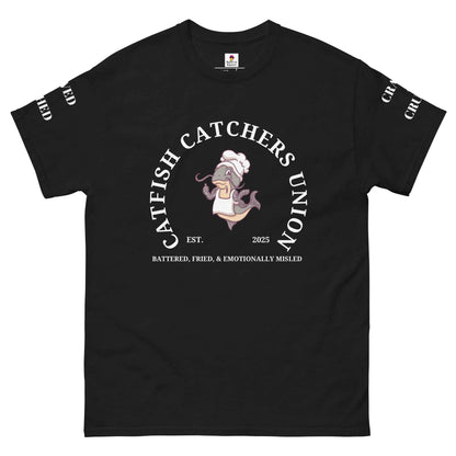 Maroon Appetite Apparel Catfish Catchers Union T-Shirt featuring a graphic design of a catfish, casual and comfortable for fishing enthusiasts.