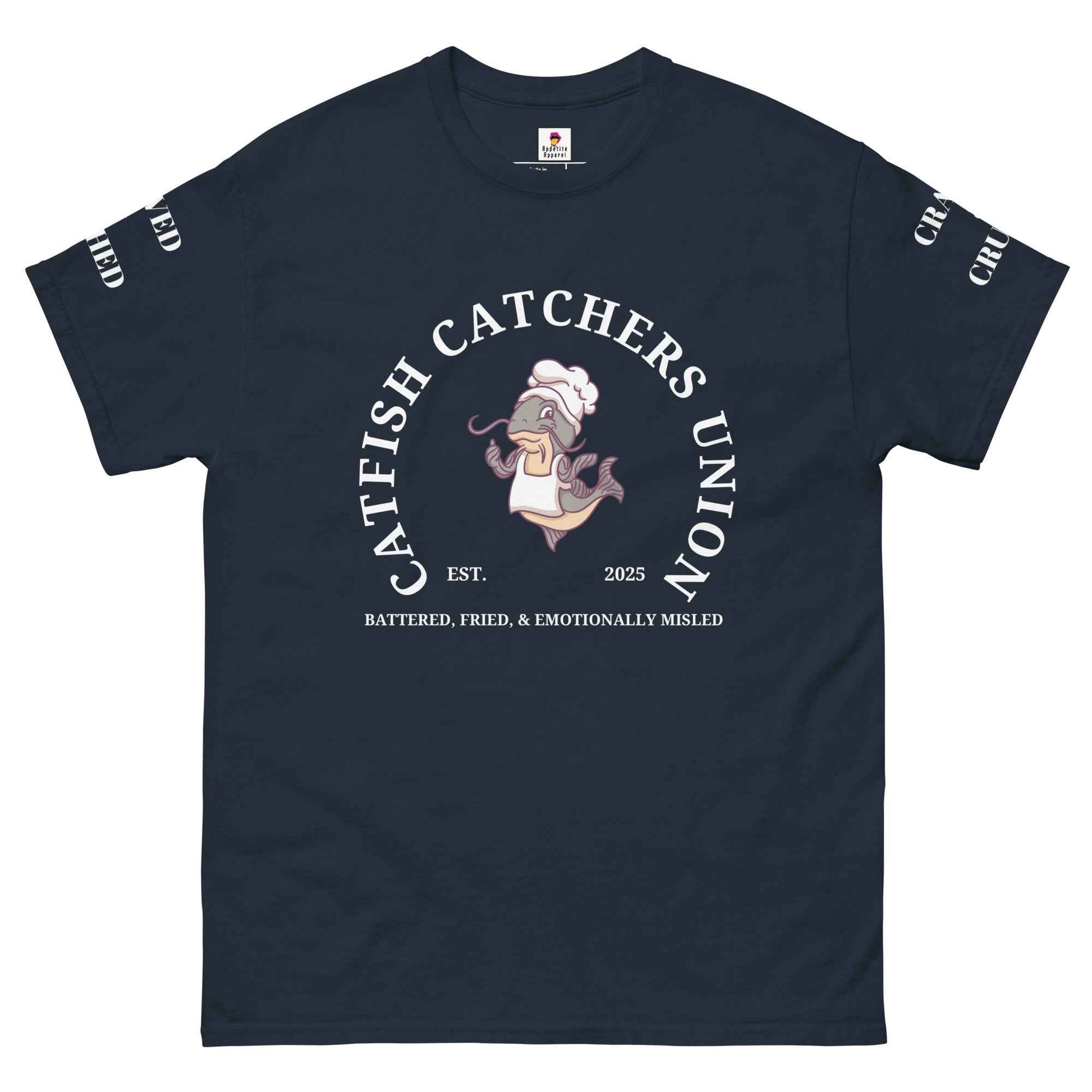 Maroon Appetite Apparel Catfish Catchers Union T-Shirt featuring a graphic design of catfish and fishing elements.