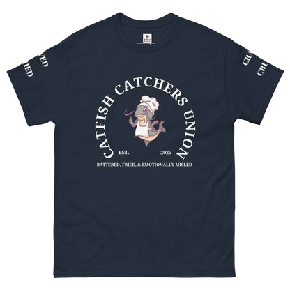 Maroon Appetite Apparel Catfish Catchers Union T-Shirt featuring a graphic design of catfish and fishing elements.
