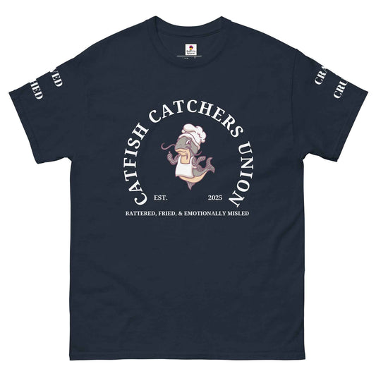 Maroon Appetite Apparel Catfish Catchers Union T-Shirt featuring a graphic design of catfish and fishing elements.
