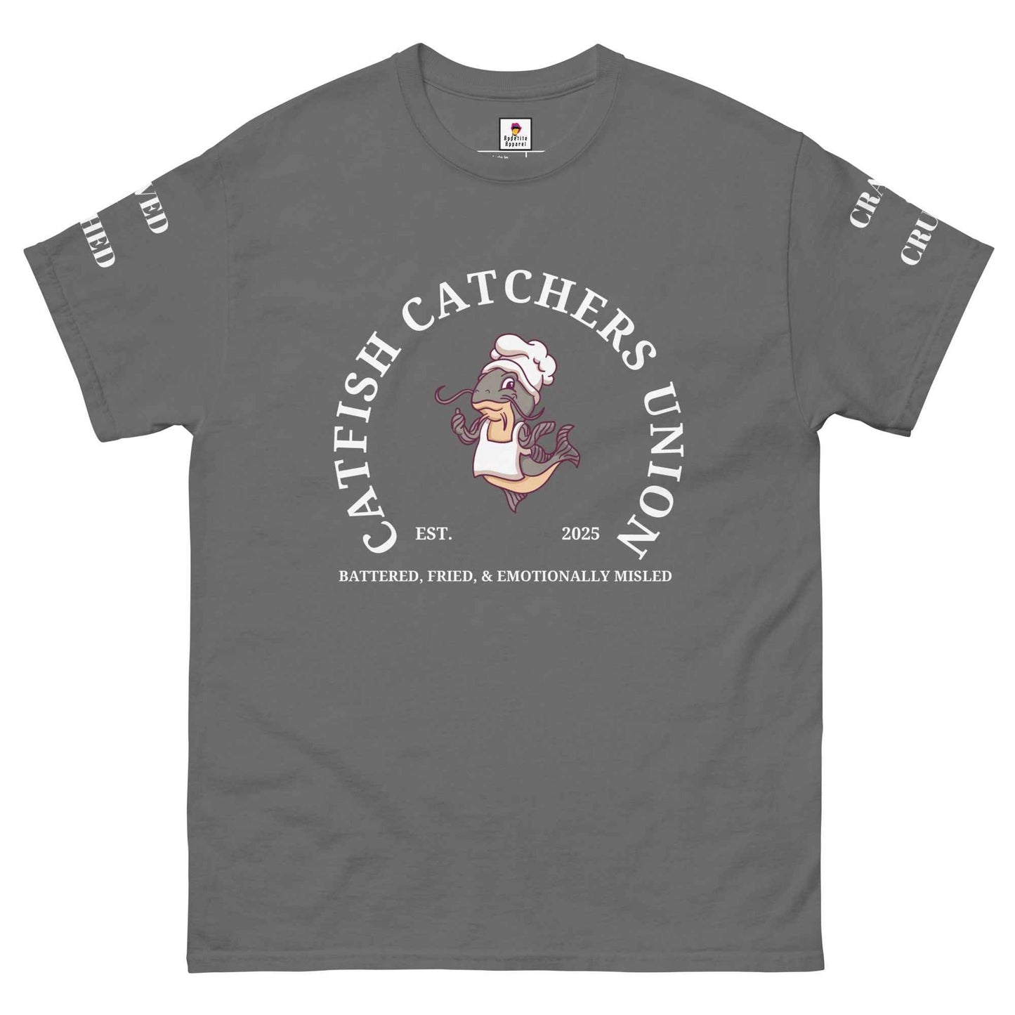 Maroon Catfish Catchers Union T-Shirt by Appetite Apparel featuring a graphic design of a catfish and fishing elements.