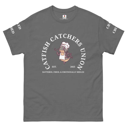 Maroon Catfish Catchers Union T-Shirt by Appetite Apparel featuring a graphic design of a catfish and fishing elements.