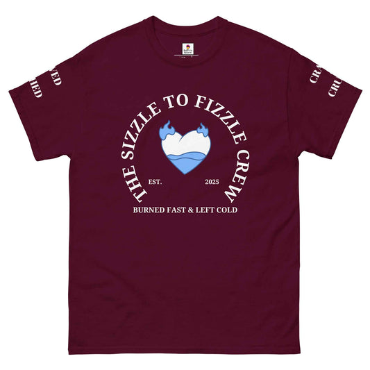 Maroon Sizzle to Fizzle Crew T-Shirt by Appetite Apparel, casual crew neck tee with bold graphic design.