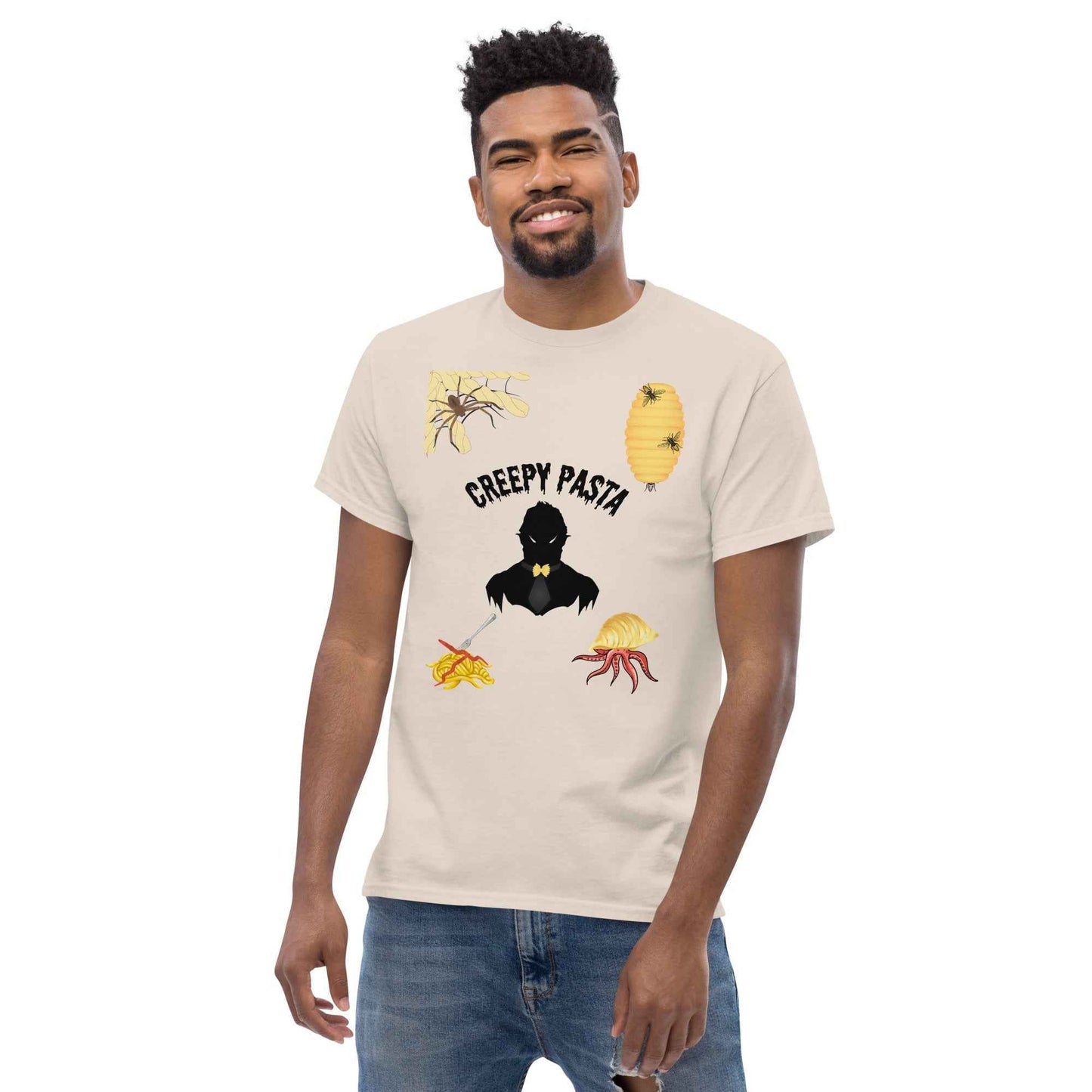 Red Creepypasta Scary Pasta T-Shirt by Appetite Apparel, featuring spooky pasta design on a casual tee.