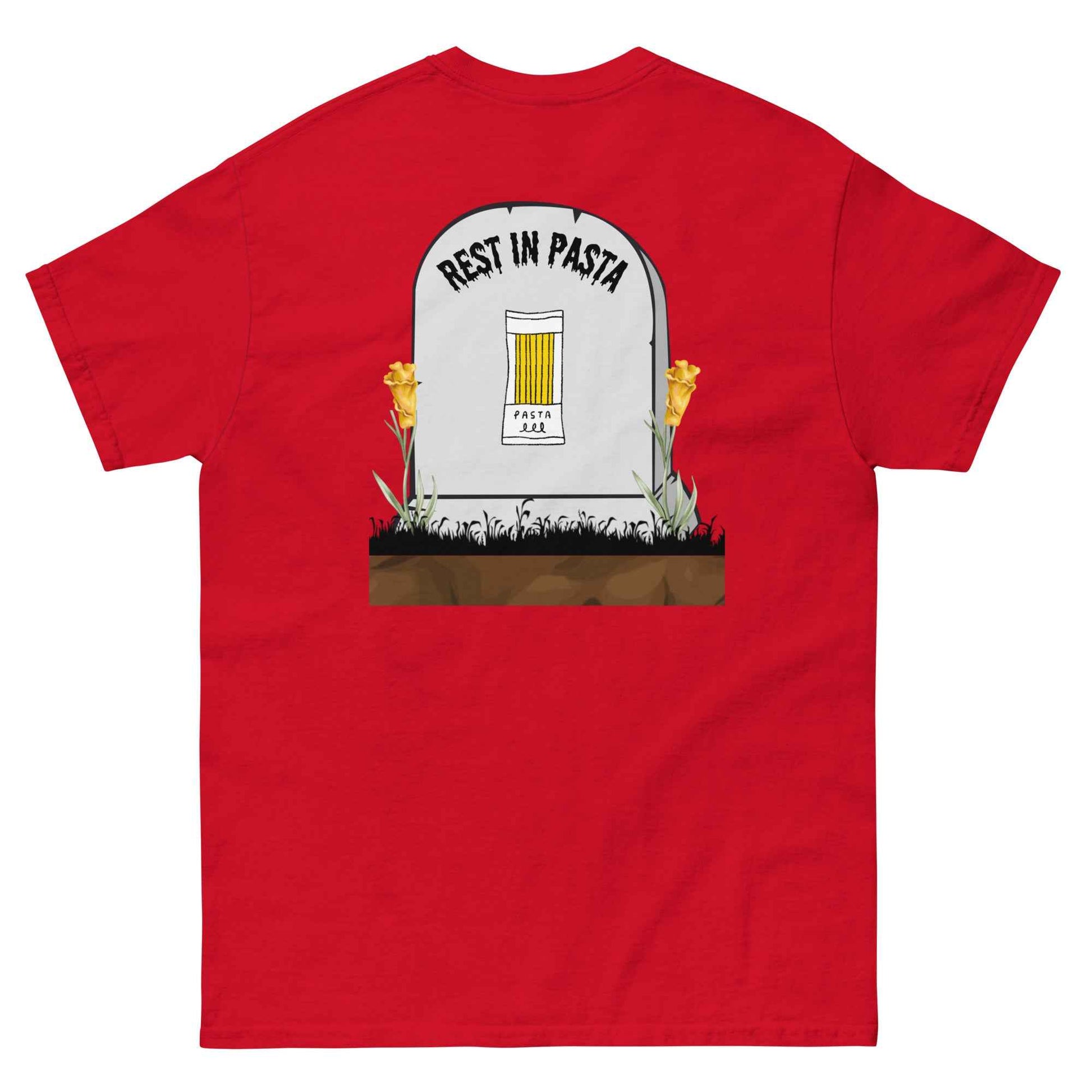 Red Creepypasta Scary Pasta T-Shirt by Appetite Apparel featuring a spooky pasta design on a casual T-shirt.
