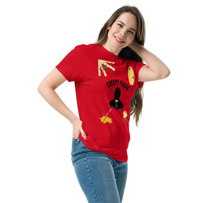 Red Creepypasta Scary Pasta T-Shirt by Appetite Apparel, featuring spooky pasta design on a casual T-shirt.